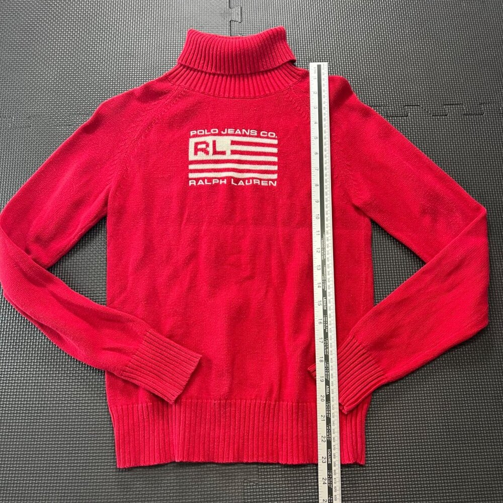 Polo Jeans Co. Ralph Lauren Red Turtleneck Sweater M 100% Cotton Embroidered Log - Picture 3 of 5